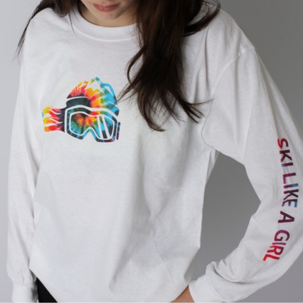 Ski Like a Girl Sugarbush long sleeve crew neck graphic snowboard white t-shirt